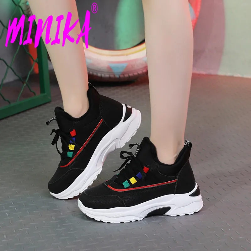

MINIKA Fashion Soft PU Leather Lace Up Platform Increacing Shoes Woman Winter Warm Fur Plush Sewing Mixed Color Female Sneakers