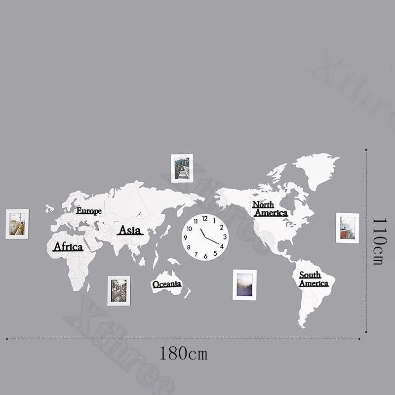 180 см большие деревянные цифровые настенные часы DIY 3D Карта мира с 3 шт. фоторамкой для гостиной декоративные настенные часы большого размера