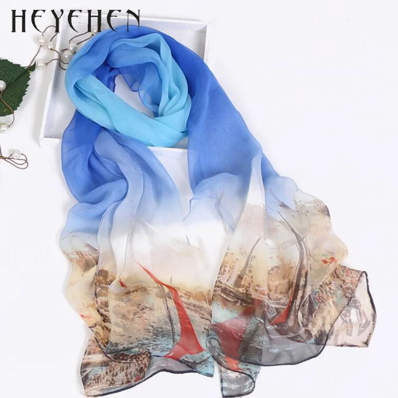 

New Fashion Design Blue Sailboat Print Chiffon Silk Women Scarf Solid Color Lady Long Shawl Accessories Soft Women Foulard HY93