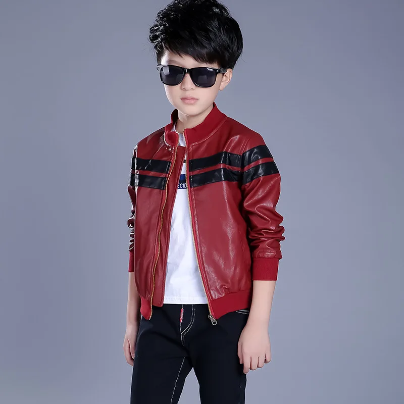 2016 autumn spring cool children's PU leather motorcycle jacket striped zip kids teenage boy pu