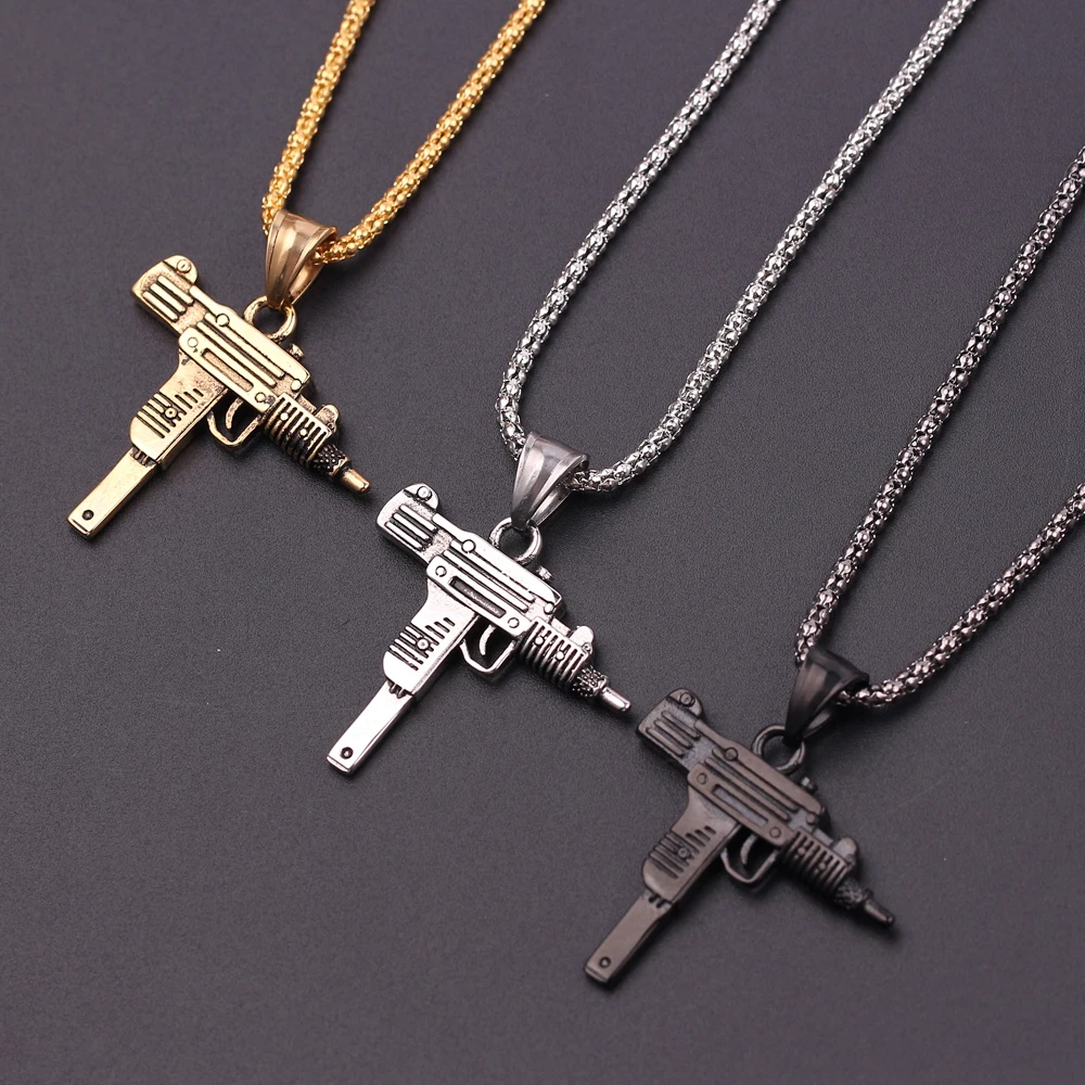 

3 Color Accessories Fashion Hot Pistol Gun Uzi Necklaces men Hip Hop Dance Franco Chain Maxi Charm Long Pendant Necklace