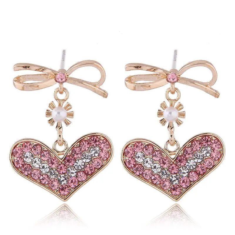 

Fashion Sweet Crystal Heart Pendant Bow Knot Earrings Metal Girl Pink Jewelry