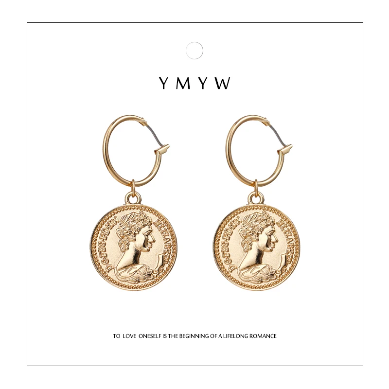 

YMYW Vintage Medusa Trendy Zinc Alloy Coin Portrait Pendant Drop Dangle Earrings Charms Gold Ethnic Women Brincos Oorbellen 2019