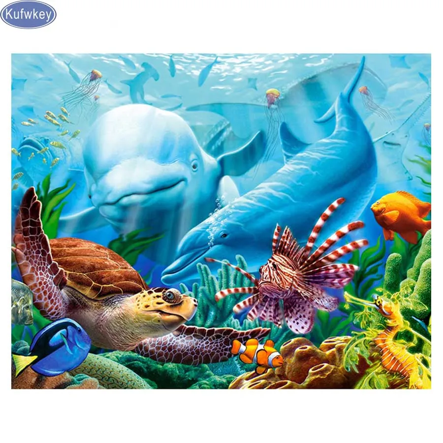

5d Diy diamond painting Dolphins cross stitch diamond mosaic square drill full embroidery seabed sea turtles home decoration