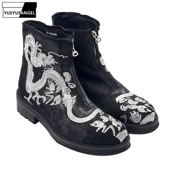 

Runway Designer Mens Chinese Silver Dragon Embrodiery Ankle Boots Zipper Platform Cow Suede Leather Gothic Safety Shoes