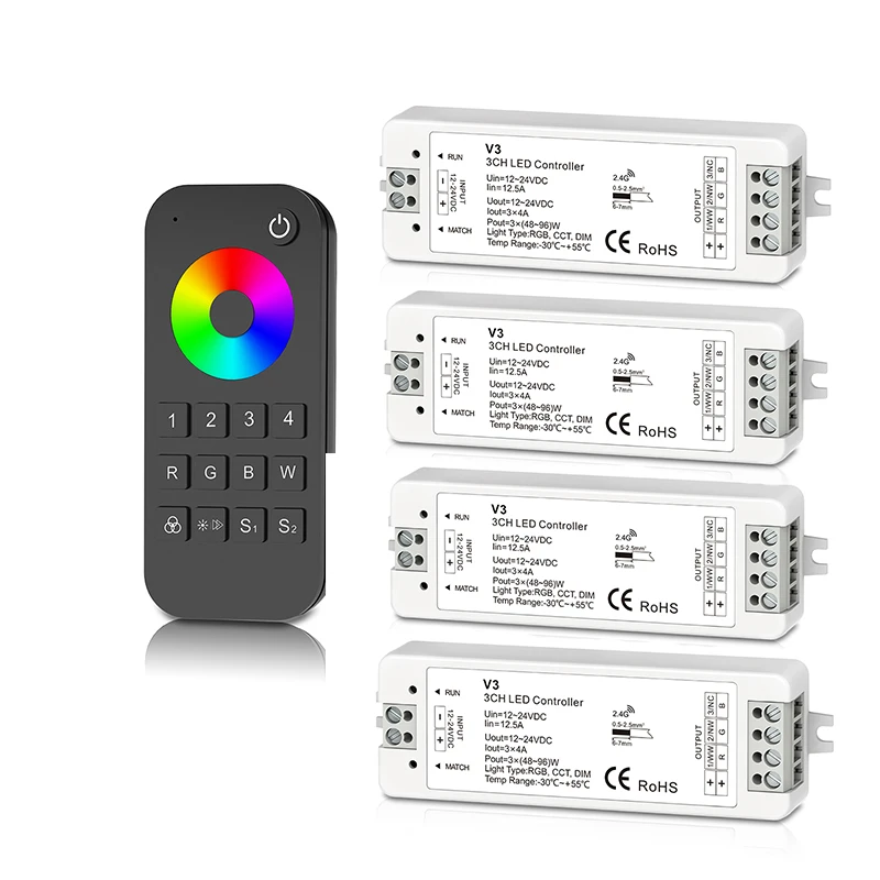 

New Led rgb Strip controller 2.4G RF Remote Wireless 12V Led strip rgb controller RT9 4 zone control with V3 3CH*4A Receiver