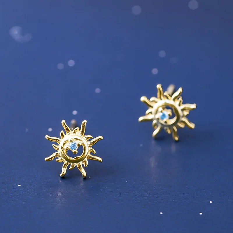 blue zircon sun earrings woman S925 silver jewelry Fashion silver stud earrings for women High quality golden silver earrings
