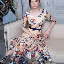 Европейский 2018 новое летнее платье Женский тяжелые вышивка вуалью Фея темперамент показать тонкое платье обязуется