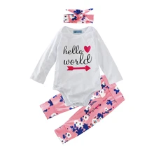 Осень Девушка Одежда для малышей Комплект письмо в форме сердца комбинезон+ штаны в цветочек+ повязка на голову, 3 шт. для девочек комплект для малышей осень одежда для малышей