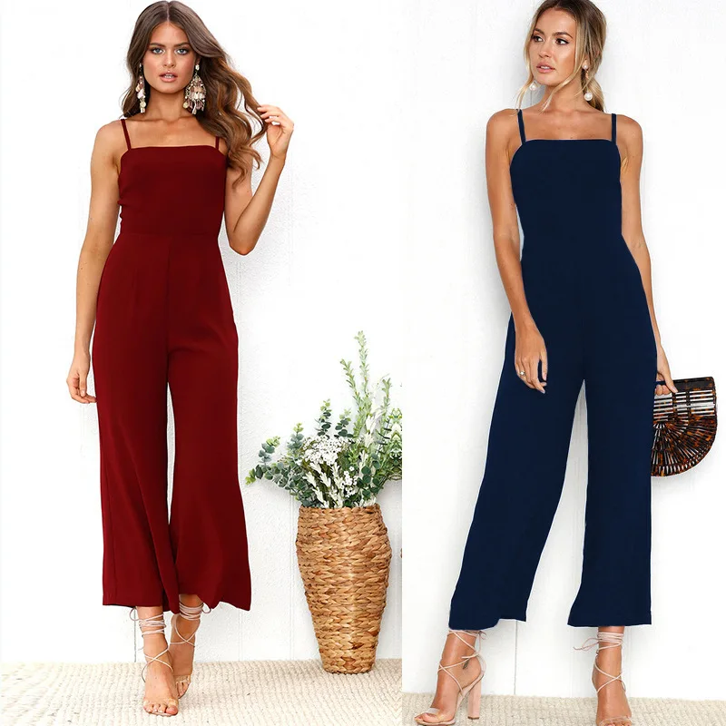 

Solid Sexy Large Size Strap Jumpsuits Women Loose Cropped Straight Wide-Leg Pants Slim Backless Tank Tops Rompers Breathable New