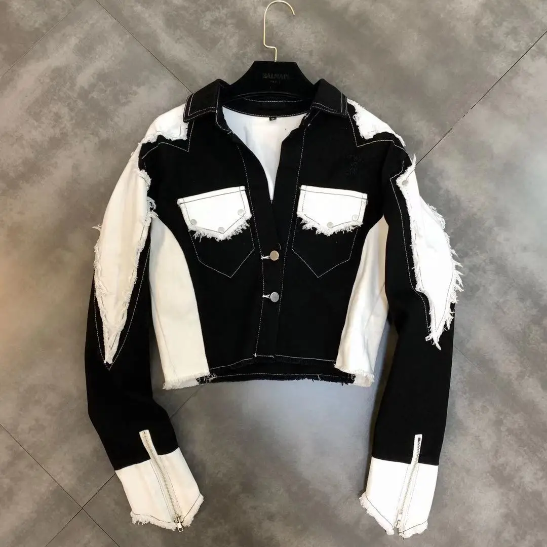 

2019 early autumn new lapel long sleeve raw edge color matching pockets old trend short coat