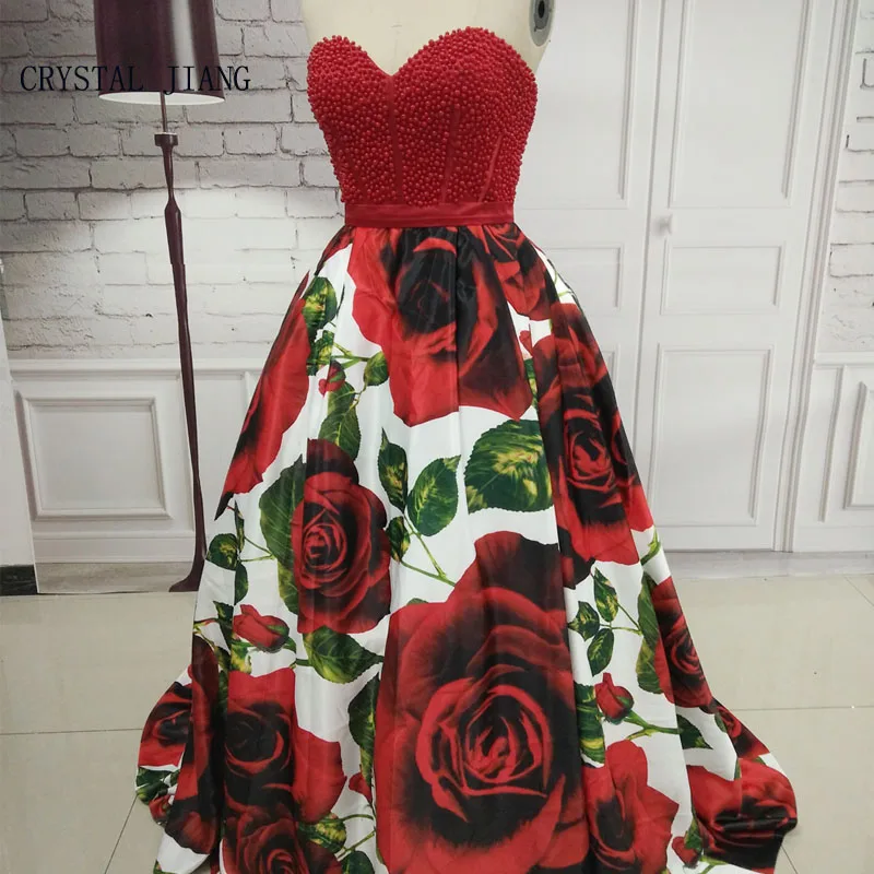 

CRYSTAL JIANG 2019 Hot New Sweetheart Red Pearl Beaded Big Rose Floral Printed Ball Gown Sweep Train Amazing Evening Dresses