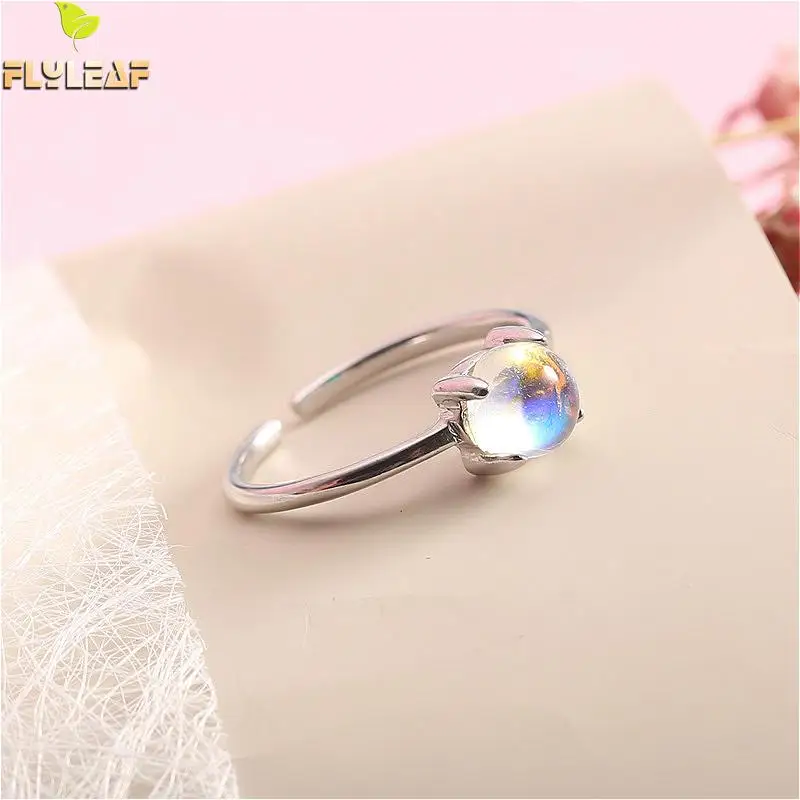 

Flyleaf 925 Sterling Silver Rings For Women Simple Natural Gemstone Moonstone Simple Open Ring Fashion Wedding Jewelry Party