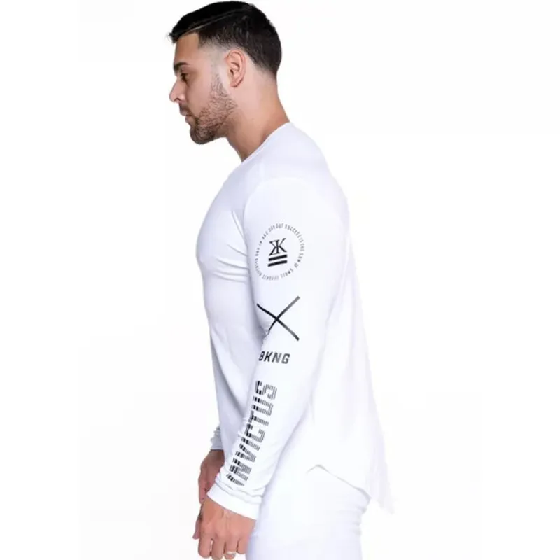 الرجال كمال الاجسام طويل كم t قميص رجل عارضة الأزياء طباعة ضئيلة تي شيرت الذكور الجمنازيوم اللياقة البدنية تجريب تيز قمم عداء ببطء الملابس
