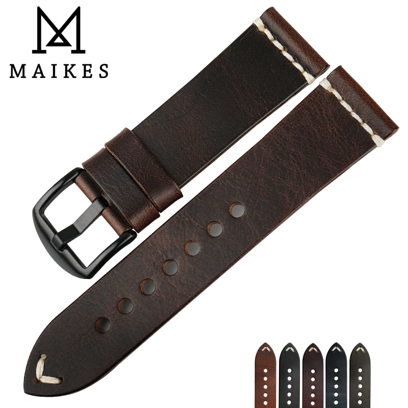 Ремешок для часов MAIKES из вощеной кожи качественный винтажный темно коричневый браслет Fossil 20 мм 22 24