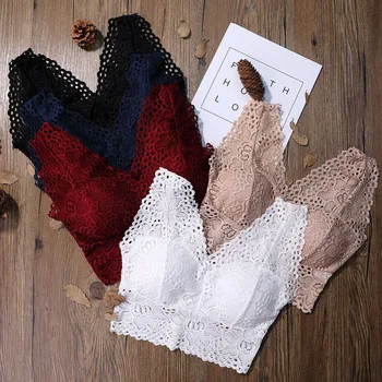 Women's Bra Sexy Lace Cami Bralette Crochet Solid Crop Tank Flower Bra Vest Bustier Crop Top Floral Cami Padded Tank frill trim smock crop cami