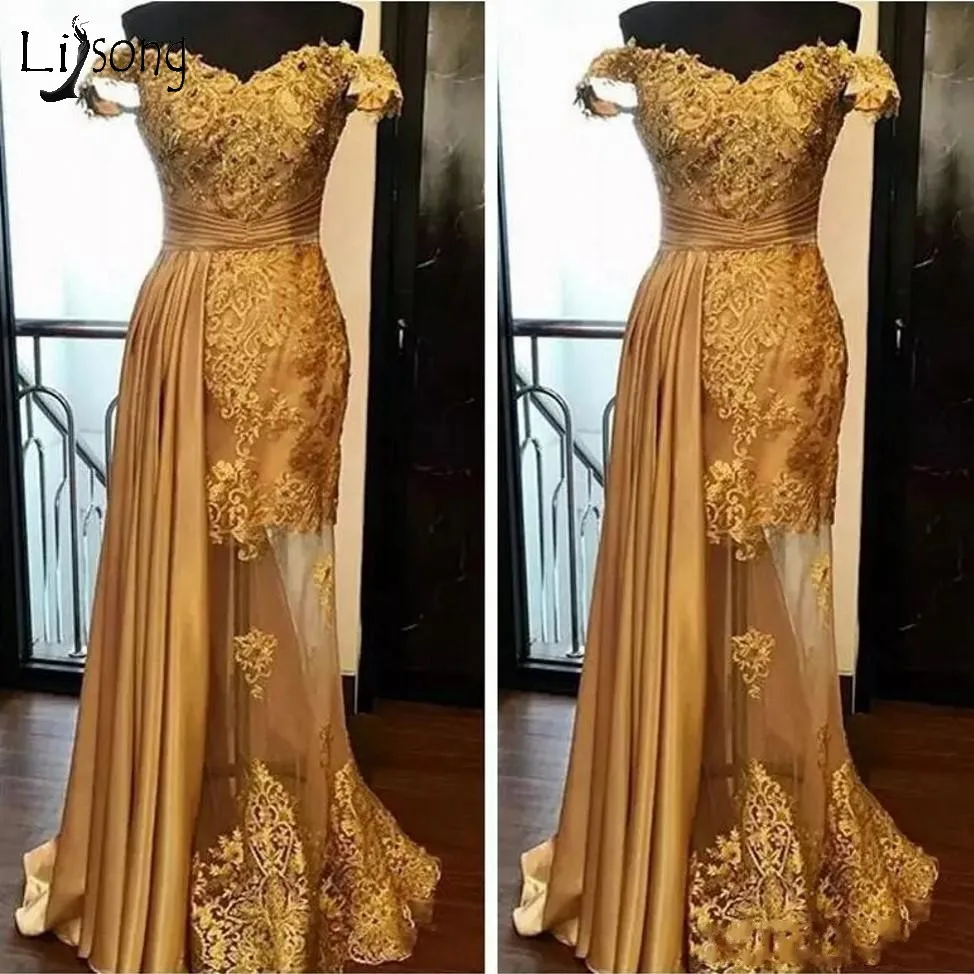 

Abiye Gold Lace Evening Dresses With Sparkle Crystal Sexy Illusion Long Evening Gowns Abendkleider Sexy Pron Gowns Off Shoulder