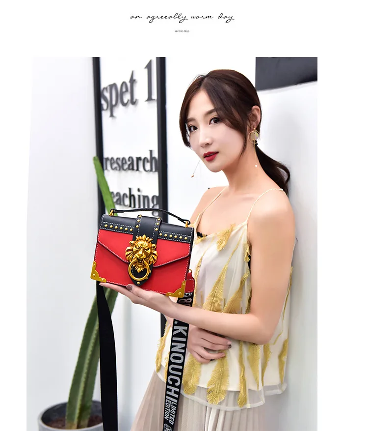 

2019 Vintage lion head Rivet small square bag Personality wild diagonal package Fashion ribbon shoulder bag 27X6X21cm