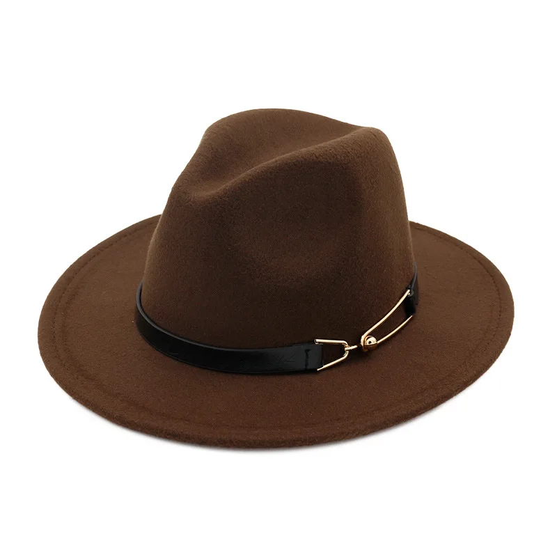 QIUBOSS однотонная окрашенная шерстяная фетровая шляпа с пряжкой на ремне, украшение для мужчин и женщин, джазовая фетровая шляпа, черная Панама, Трилби, унисекс - Цвет: Coffee