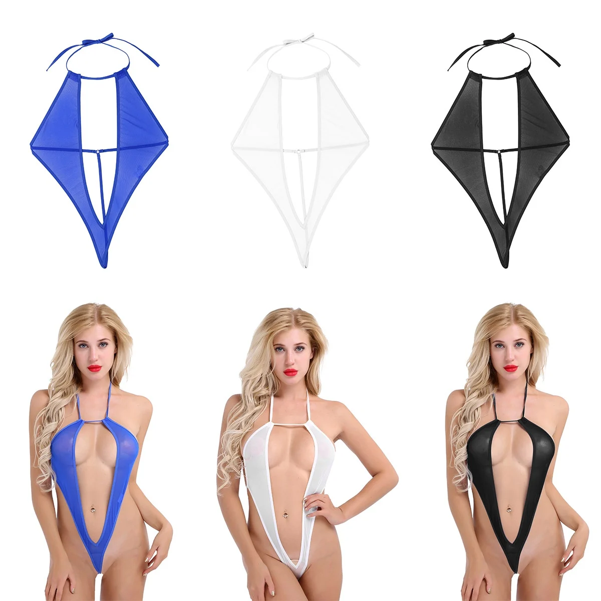 TiaoBug Women One-piece Sheer Mesh Deep V-Halter Monokini Swimwear Open Front Babydoll Teddy Sexy Bodysuit Swimsuit Nightwear