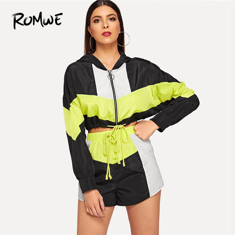 

ROMWE Colorblock Drawstring Hem Hooded Jacket And Shorts Set Women 2019 Zipper Two Pieces Spring Long Sleeve Two Piece