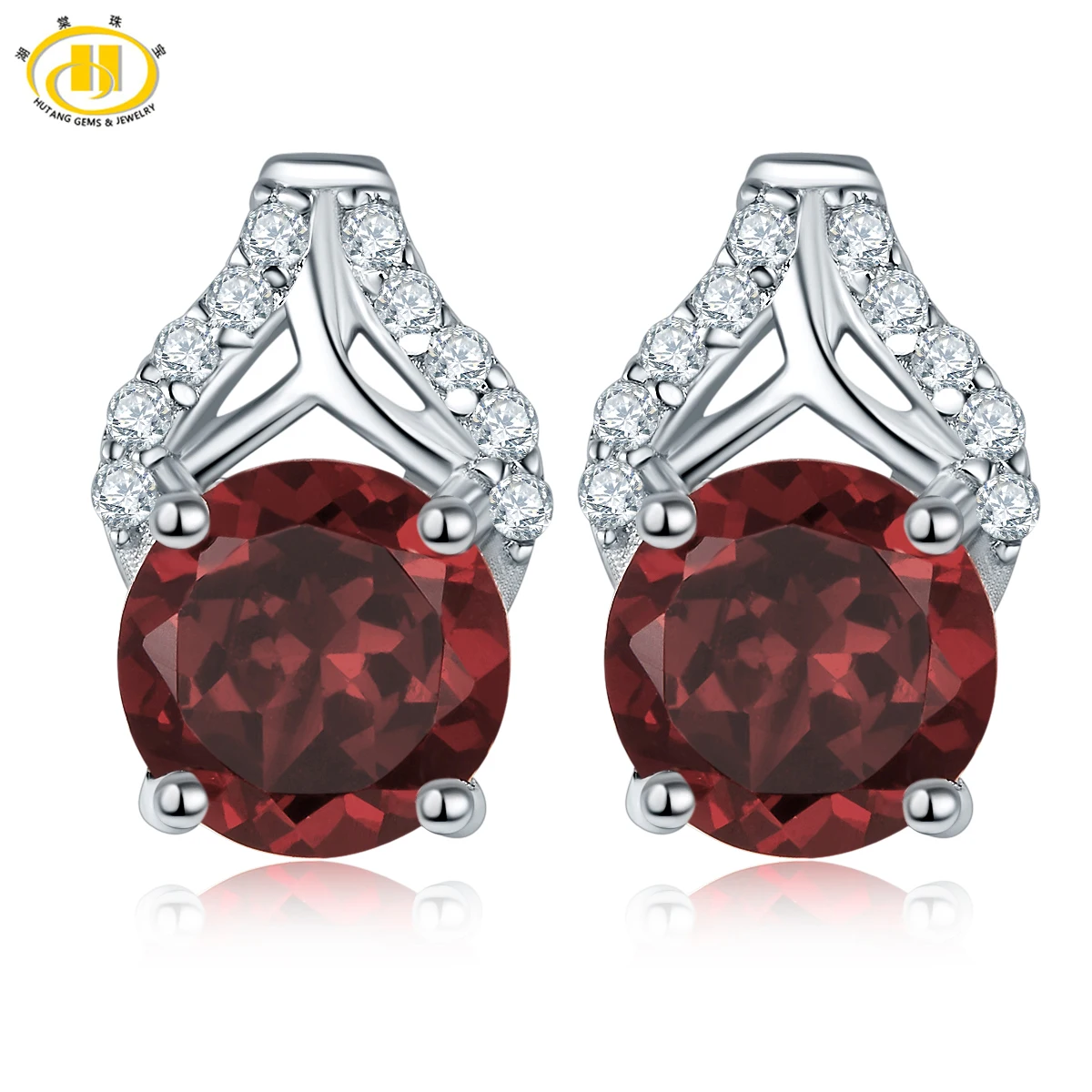 

Hutang Natural Garnet Stud Earrings Solid 925 Sterling Silver Gemstone Fine Jewelry Women's Wife Gift 2017 New Arrival