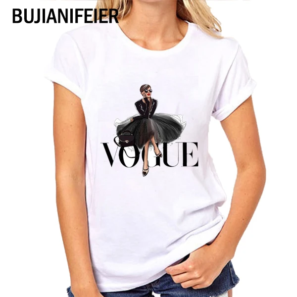 

BUJIANIFEIER 2019 NEW SUMMER Short sleeve T SHIRTS Fashion cartoon VOCUE GIRL modal print t-shirt BJN33