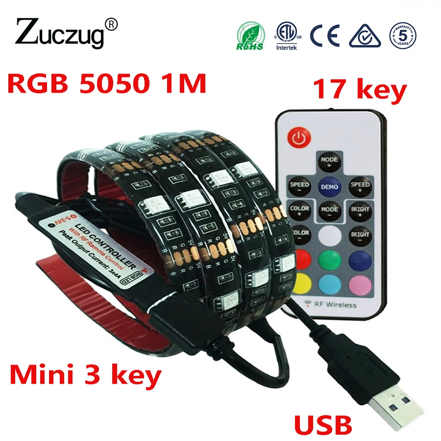 

LED light Strip 5050 Waterproof 5V USB LEDstrip cable RGB 3 Mini 17 Key Controller Bias lighting TV Screen Desktop PC Decor