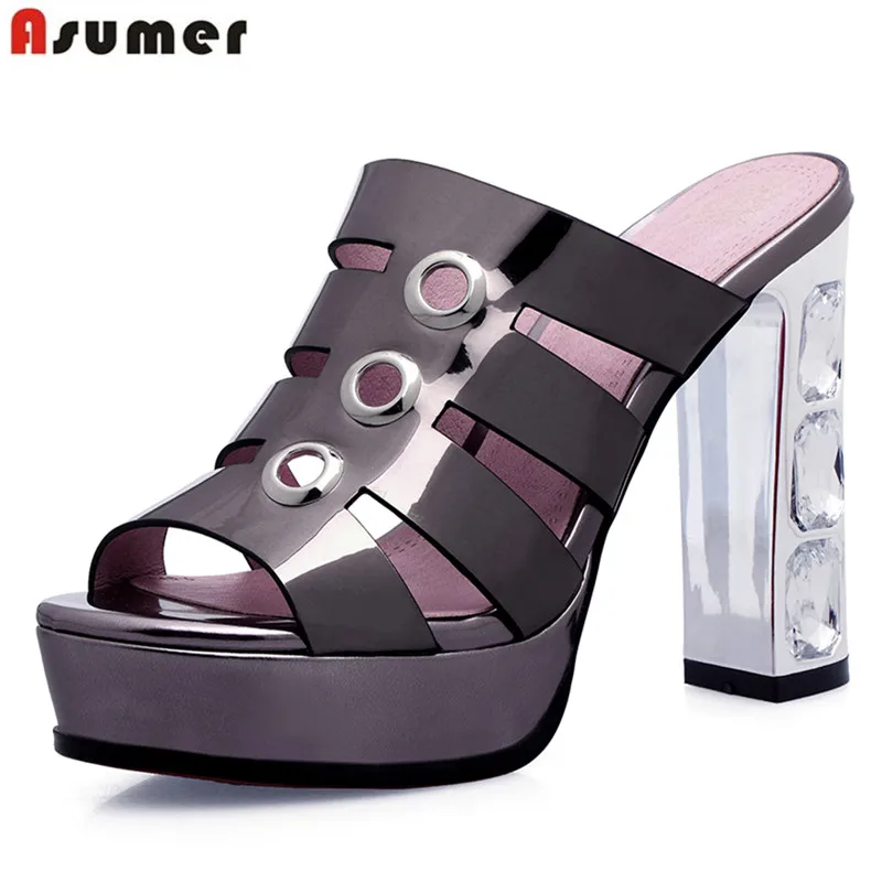 

ASUMER High quality patent leather women sandals slip on 11.5cm ultra high heels party wedding shoes platform sandals mules