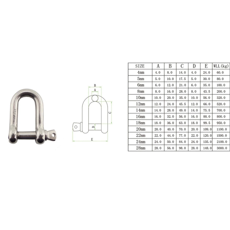 M6/M5/M6/M8 Straight D Shackle Short Stainless Steel 316 Breaking Load 1500 Kg D Rigging Shackle Hooks Boat Rigging Hardware