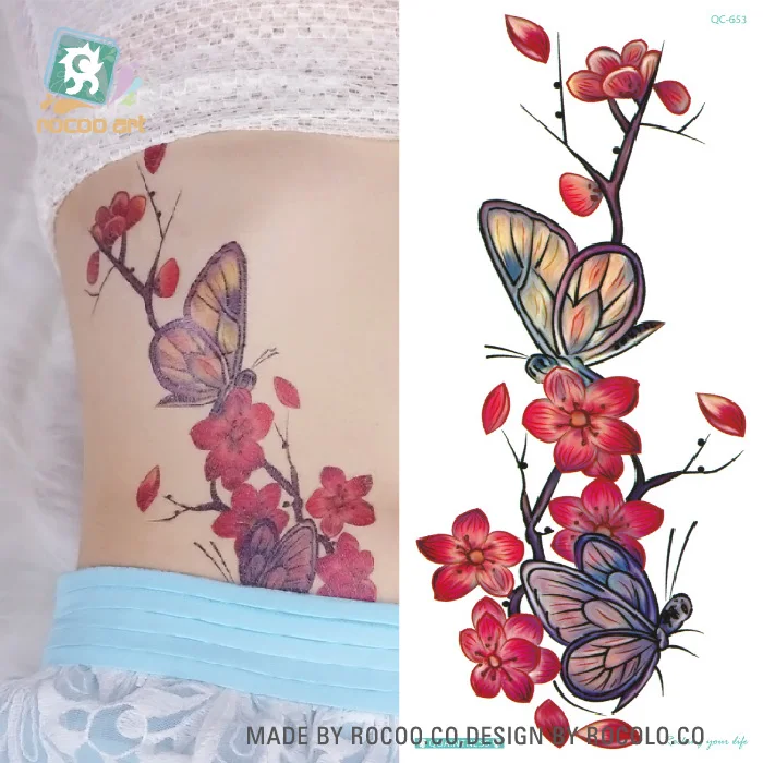 Rocoo Книги по искусству 3D RoseTattoos сливы поддельные Тати Красочные цветы Tatuajes груди руки татуировка тела Книги по искусству Водонепроницаемый