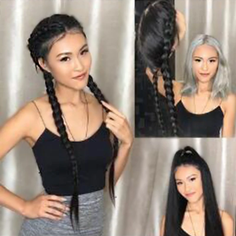 

65cm Middle Part Long Double Braids Wig Straight Natural Black Braided Synthetic Lace Wig Lace Front Wig Hair Extentions