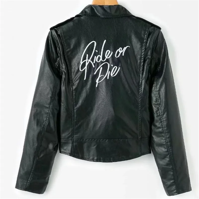 Модная куртка из искусственной кожи в стиле панк для девочек весенне-осенняя Женская одежда в европейском и американском стиле черная с вышитыми буквами сзади - Цвет: black