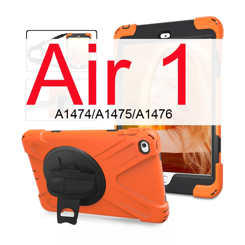 Чехол для iPad Air 1 2 9,7 детский противоударный сверхпрочный силиконовый Жесткий чехол+ ремешок на руку для iPad Air 2 Чехол 5 6 Чехол подставка - Цвет: Orange for air 1