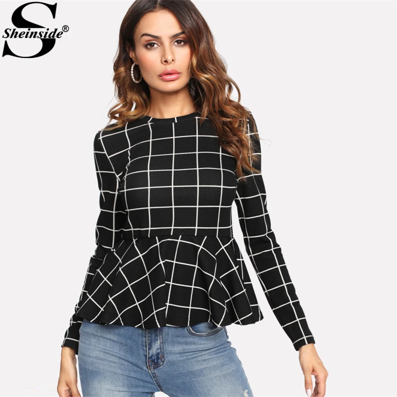 Beste Sheinside Zwart Plaid Grid Peplum Ruffle Blouse Ronde Hals Lange Mouwen Herfst Top Vrouwen Elegant Office Dames Werkkleding Blouse