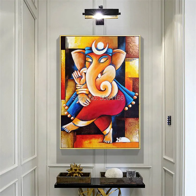 Pintado A Mano Ganesha Lienzo Pinturas Al Oleo Elefante Indio Dios