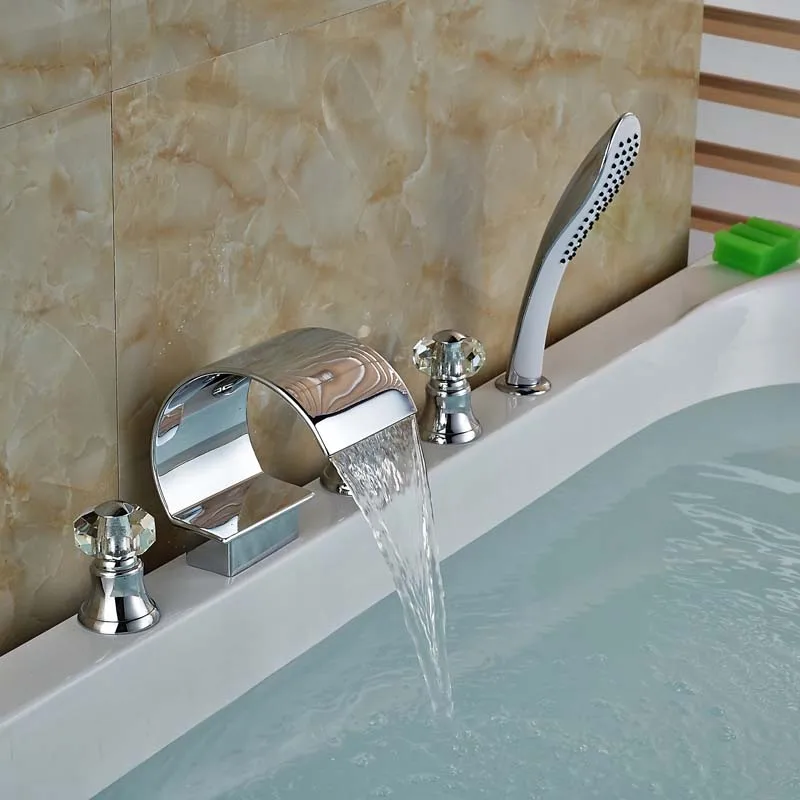 

Bright Chrome 5pcs Bathroom Widespread Bathtub Faucet Waterfall Spout ABS Handheld Shower