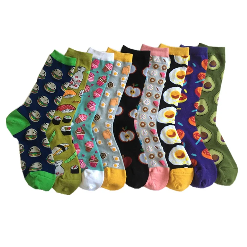 

Cartoon food print socks hamburger Fried Eggs donuts salmon sushi cute fun cartoon women cotton sock breathable absorb sweat