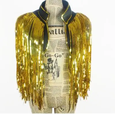 Индивидуальный тонкий мужской жилет без рукавов с кисточками жилет для мужчин сверкающий бриллиант панк Рок костюмы для певиц, танцовщиц, сценическая звезда Мода - Цвет: Золотой
