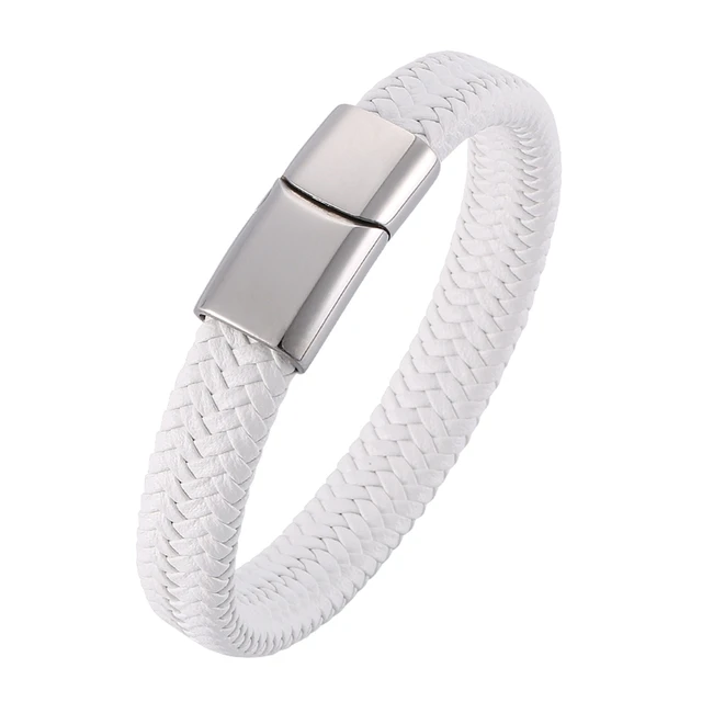 Trendy Mens Bracelets White Braided Leather Rope Bracelet Jewelry