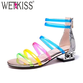 

WETKISS New arrival 2019 Fashion leather gladiator sandals women square low heels transparent colors pvc summer ladies shoes