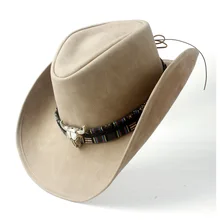 Retro Unisex Leather Hat Wide Brim Cowboy Cowgirl Western Hat Cow Head Leather Band