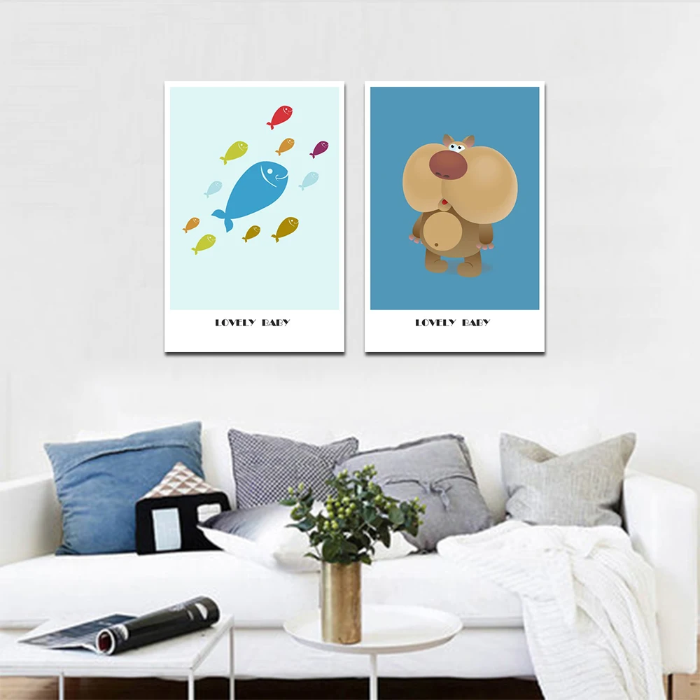 

Cartoon Art Canvas Painting Bear And Fish Living Room Mural Nursery Kids Animal Pictures Wall Art Posters And Prints