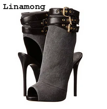 

Hot sell Spring and Autumn PU leather thin after the heel's heel with buckle strap decoration thin high heel short boots