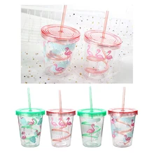 Фламинго пластиковые чашки с соломинкой милый мультфильм контейнер для напитков двойными стенками кофе чай молоко сок воды чашки креативный подарок