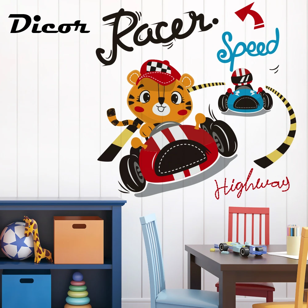 

DICOR Brand Wall Sticker Kids Children Room Animals Racer Lovely Tiger Cartoon Funny Gift For Baby Toy PVC Removable 2019 New