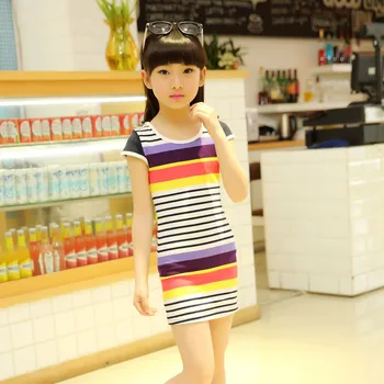 

Sommer New Children Cotton Striped Girls Princess Dress Kids Clothing Purple Blue Rose Red