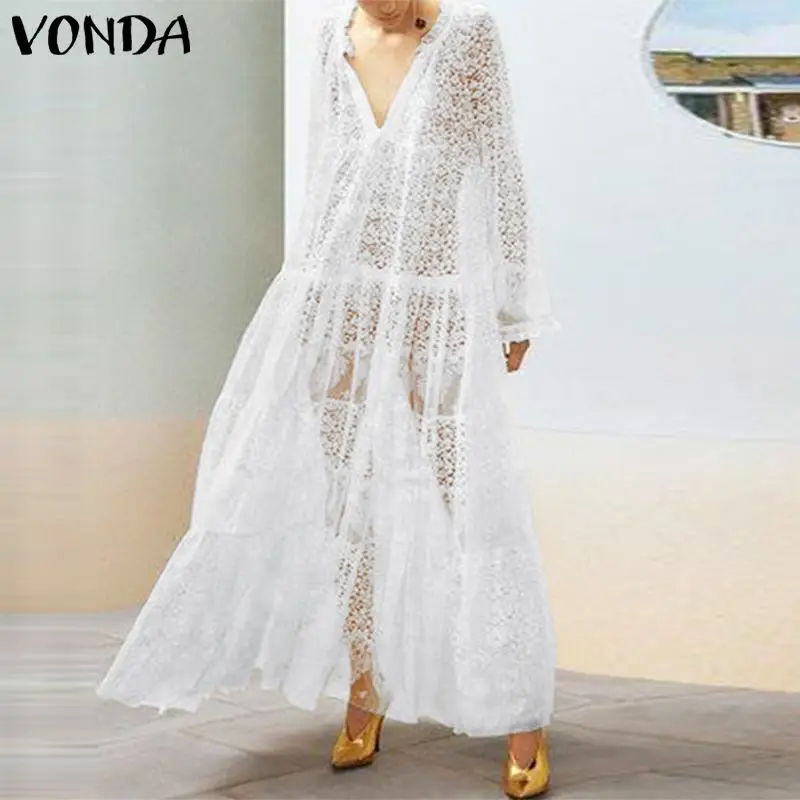 

VONDA Women White Dress Summer Lace Dress See Though Beach Sexy V Neck Hollow Out Vestido 2019 Casual Party Robe Femme Plus Size