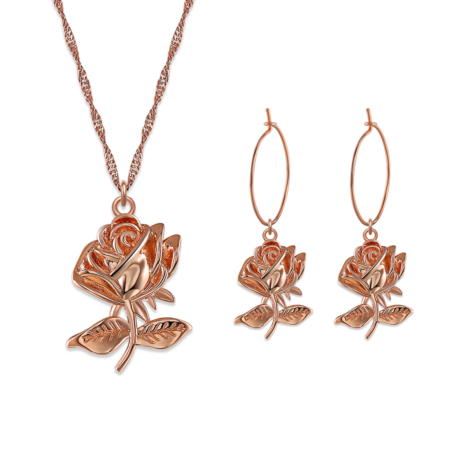 

Rose Gold Color Flower Jewelry Set Pendant Necklace Earrings For Women Statement Wedding Bridal Valentine Gifts Jewelry Z4