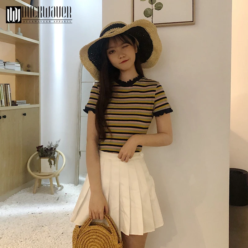 Duckwaver футболка женская летняя одежда корейский стиль Ulzzang Harajuku полосатые